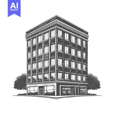 Aset premium populer: A detailed black and white illustration of a tall city building