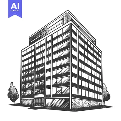 Aset desain premium: An illustration of a tall modern office building and trees