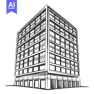 Aset desain premium: A black and white illustration of a tall modern building