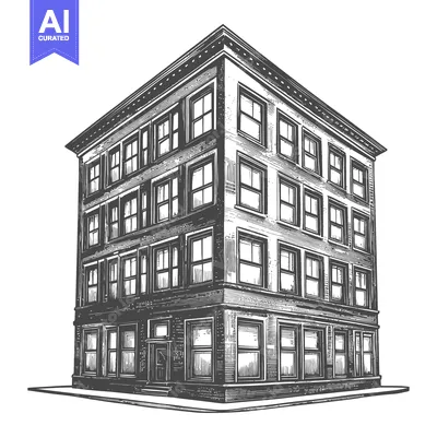 A detailed engraved illustration depicting a three story urban buildin