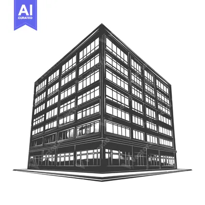 A stylized black and white illustration of a modern building