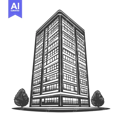 Premium design asset: A tall modern building with trees on either side of it