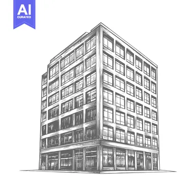 Premium design asset: A detailed black and white ink drawing of a large building