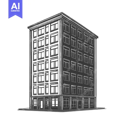 Aset premium populer: An illustration depicting a tall building with many windows and storie