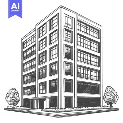 Popular premium asset: A tall monochrome building illustrated with multiple windows and trees