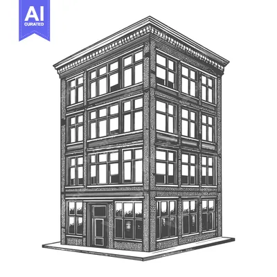 A vintage illustration depicts a four story brick building at a corner