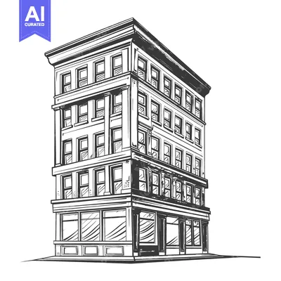 Aset desain premium: A detailed black and white sketch of a tall urban building