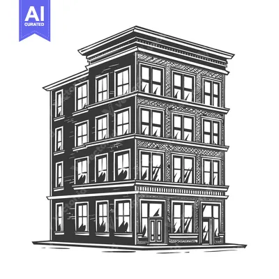 Aset premium populer: A vintage illustration depicting a tall multi story building structure