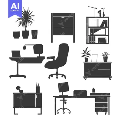 Premium design asset: Office Furniture Silhouettes with Plants and Desk Lamps