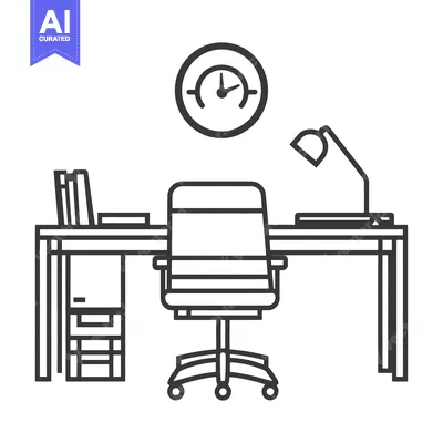 Aset premium populer: A line art image depicting an office workspace interior scene