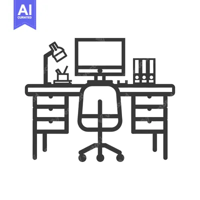 Aset desain premium: A simple line drawing illustration of an office workspace setup