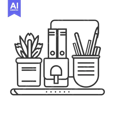 Aset premium populer: Simplified illustration showing office supplies and potted plant arran