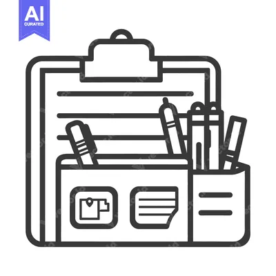 A detailed illustration of a clipboard and writing utensils is present