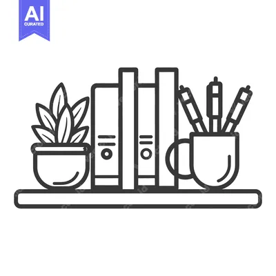 Premium design asset: A bookshelf graphic showing books pens and potted plant display