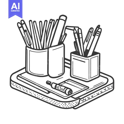 Aset premium populer: A monochrome illustration of writing tools and containers on a tray
