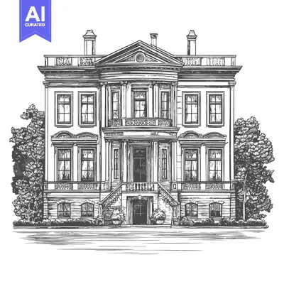 Premium design asset: Elegant detailed architectural illustration depicts a classic mansion