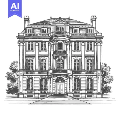 Aset premium populer: Elegant illustration showing the front facade of a grand building