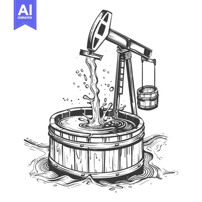 Oil Derrick Pumping Liquid into Wooden Barrel