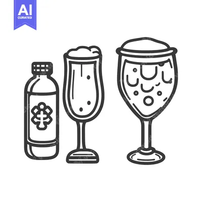 Simple Line Drawn Illustrations Depicting Bottle And Glasses Of Bevera