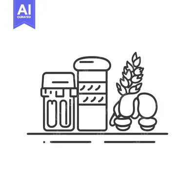 Illustrated outline of pills grains and containers on a surface