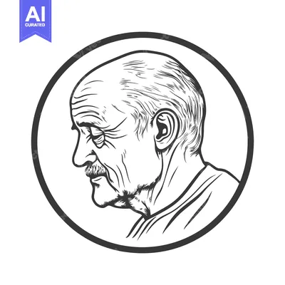 A detailed black and white drawing depicting an elderly man profile
