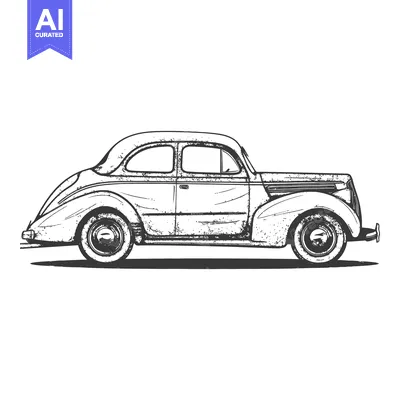 A vintage black and white drawing of an old classic car