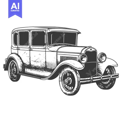 An antique black and white illustration of a classic automobile