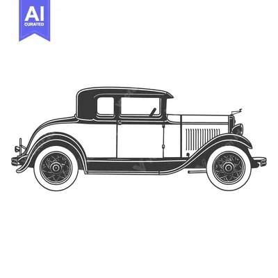 A classic black and white illustration depicting a vintage coupe autom