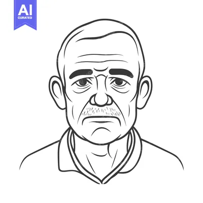 A detailed line drawing depicting an elderly man looking forward