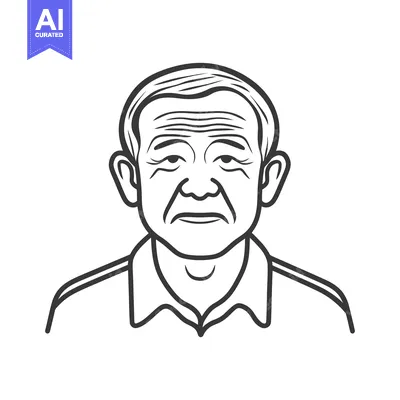 A line art portrait depicting the head and shoulders of an older man