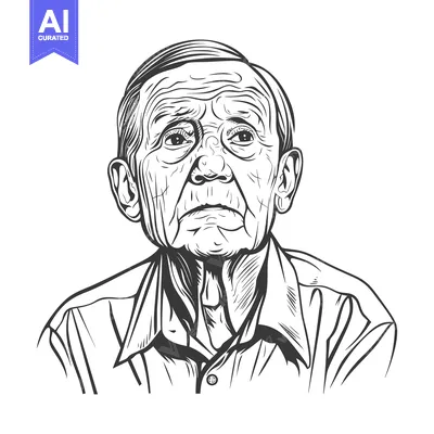 Aset premium populer: A detailed black and white line art illustration of an elderly man