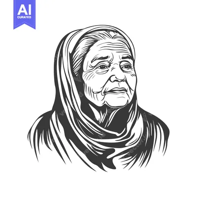 Aset premium populer: An aged woman with a head covering in black and white