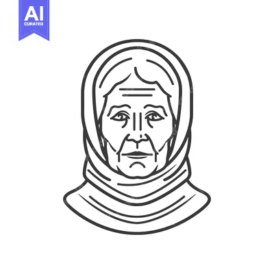 Premium design asset: A stylized monochrome illustration depicting an elderly woman with a h