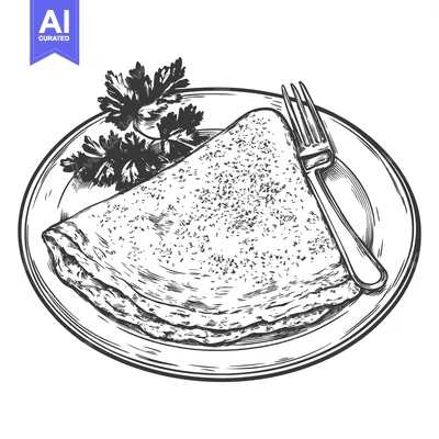 Aset desain premium: A black and white illustration of a plate with food
