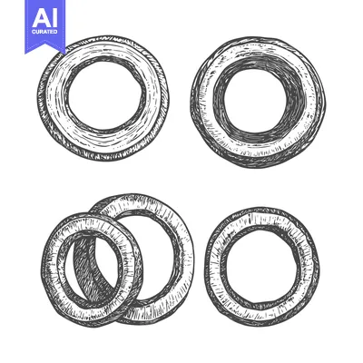 Aset premium populer: Several hand drawn illustrations of circular food rings are displayed