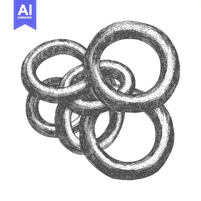 Aset premium populer: Interlocked rings rendered in detailed grayscale illustration style