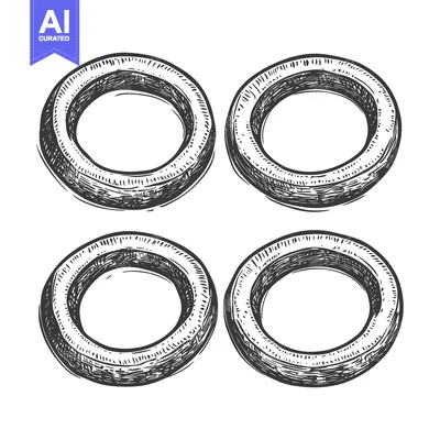 Four circular donuts depicted in black and white illustration style