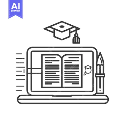 Aset desain premium: A laptop screen displaying a book and academic elements