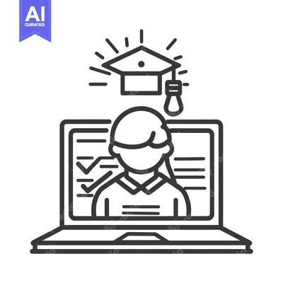 Aset desain premium: Person learning through a laptop computer with graduation elements