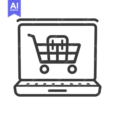 Aset desain premium: A laptop computer showing an online shopping cart icon on screen