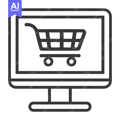 Aset desain premium: A computer monitor displaying an online shopping cart icon
