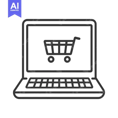 Aset desain premium: A laptop computer displaying a digital shopping cart symbol online