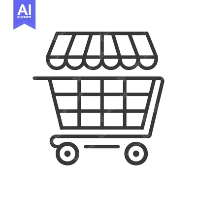 Aset premium populer: A stylized shopping cart illustration with a striped store awning