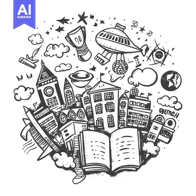 Open Book with Cityscape and Flying Objects Surrounding It