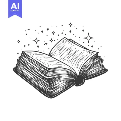 Aset desain premium: Open book with magic sparkles in black and white sketch style