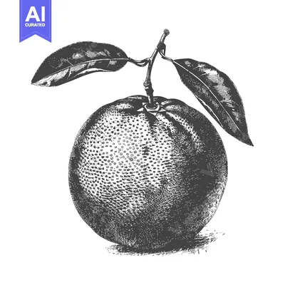 Aset desain premium: A detailed black and white illustration of an orange fruit and leaves