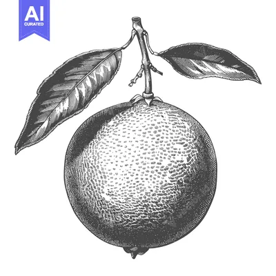Aset premium populer: An artistic illustration of a citrus fruit with leaves on a branch