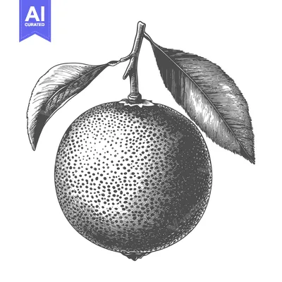 Premium design asset: A detailed grayscale illustration depicting a round citrus fruit with