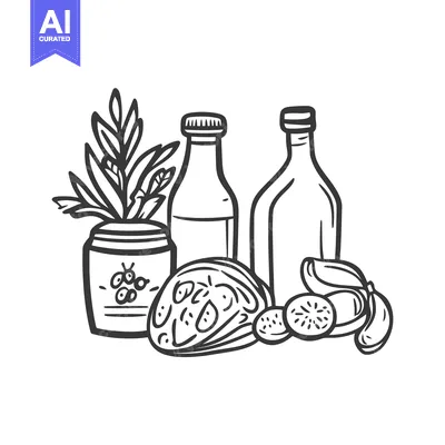 Aset desain premium: An illustration featuring food ingredients and containers in monochrom