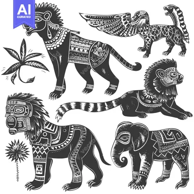 Aset desain premium: Ornamental Animal Illustrations with Geometric Patterns